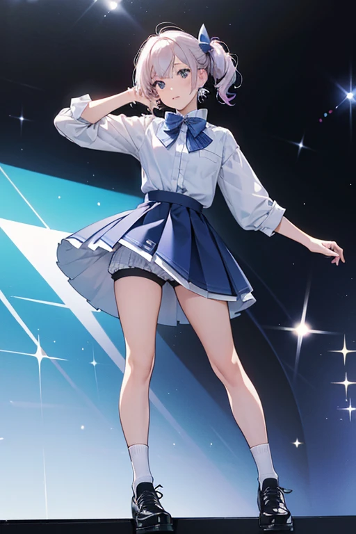 Alisa wears a white short sleeved shirt with the sleeves rolled up and a short checkered skirt, colored in shades of blue. She also wears blue knee length socks, black shoes and a red bow tie around her neck. This outfit is accessorized with a small wristwatch and her trademark flower hair ornamentation. SPARKLE; GLITTER