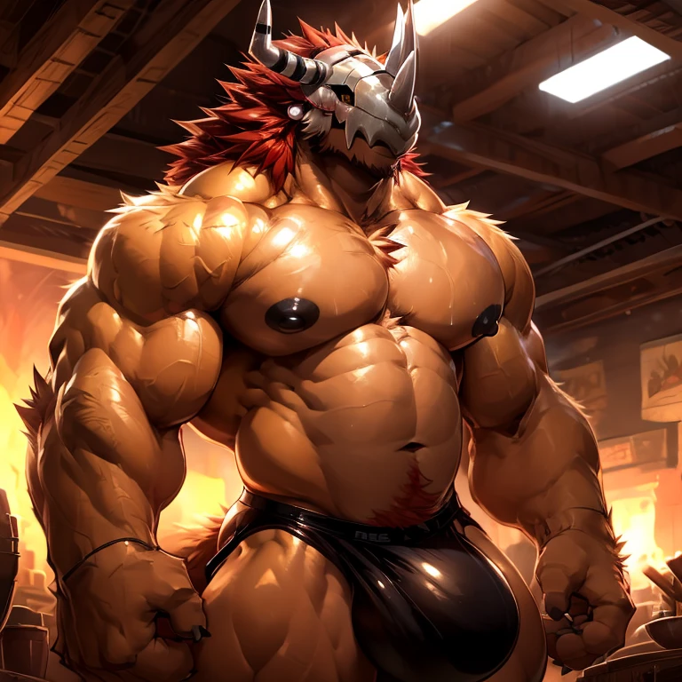 2d, masterpiece, best quality, 4k, 8k, ultra highres, raw photo in hdr, sharp focus, photo realism, real life like, detailed background, wargreymon anthro, wargreymont (((cream body, very long red hair))), muscular male, cute, adorable, lovely, smile, big nipples, black nipples, happy face, dilf, daddy, detailed big nipples, wide waist, broad shoulders, strong thighs, big bulge, briefs, tight clothing, fur wet, detailed background, hi res, perfect brown eyes, (by darkgem, by takemoto arashi, by anhes), Negative prompt: bad-hands-5, deformityv6