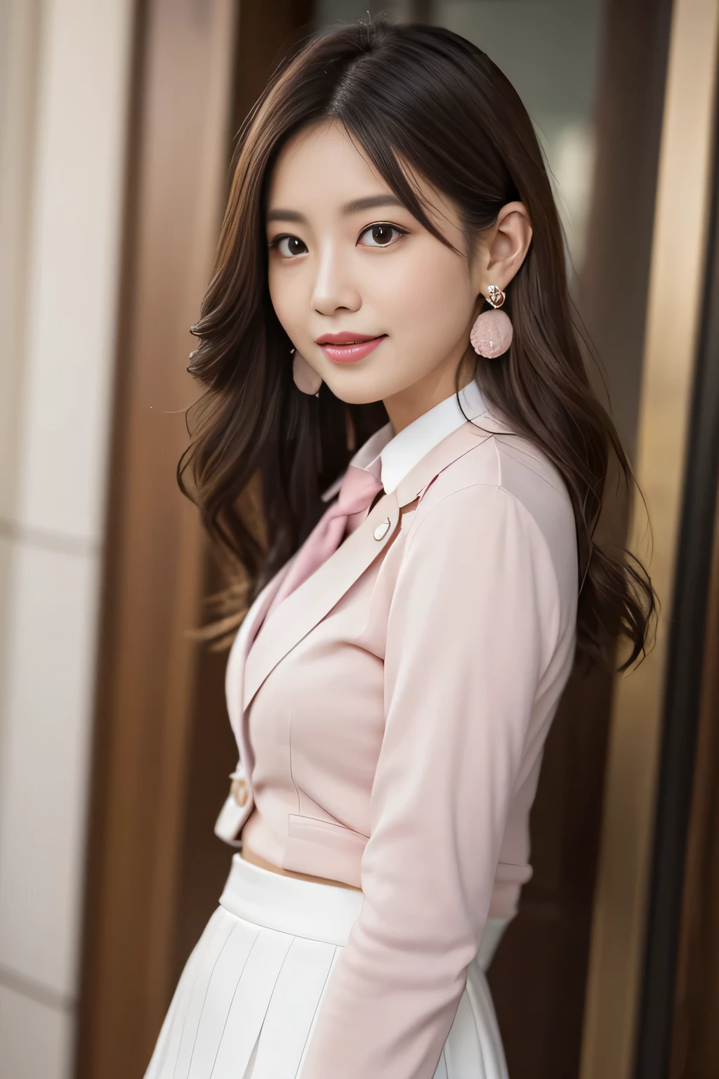 (1 female), beautiful, Great face and eyes, Compensate, (Very detailedbeautiful顔), Captivating smile, (highest quality:1.4), (Very detailed), (very detailed CG synthesis 8k wallpaper), Very detailed, RAW Photos, Professional photography, (Pink Suit, White mini skirt:1.2), (A business shirt with a wide open chest), length, light brown, Messy Hair、Big earrings、Close-up、
