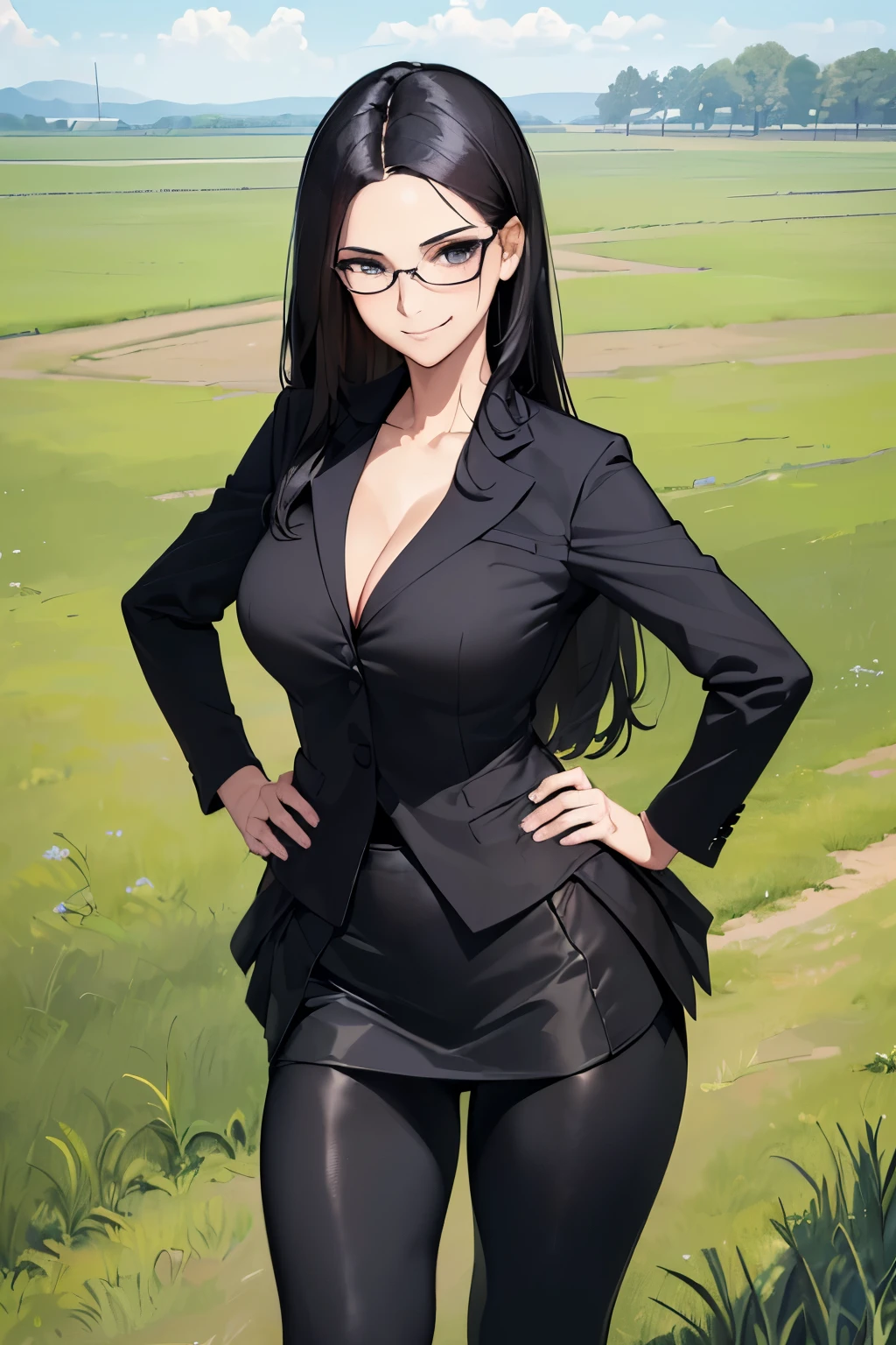 ((best quality)), ((masterpiece)), ((detailed)), (((perfect faces))), (((30yo beautiful woman in black suit, shirt, tight skirt, leggings))), (((cleavage:0.8))), (((glasses))), (((black hair))), (((standing))), (((hands on hips))), (((smirking))), (((grass field)))