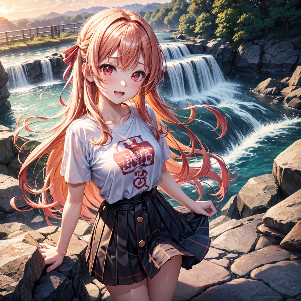Pink gold golden hair、Red eyes、One good looking girl、solo、anime、Checkered mini skirt、The skirt has buttons、White T-shirt、Jin、Wearing a ribbon、Ribbon on waist、Tilting face、Teeth are visible、waterfall、waterfallの裏側、tunnel、Sunset sky、