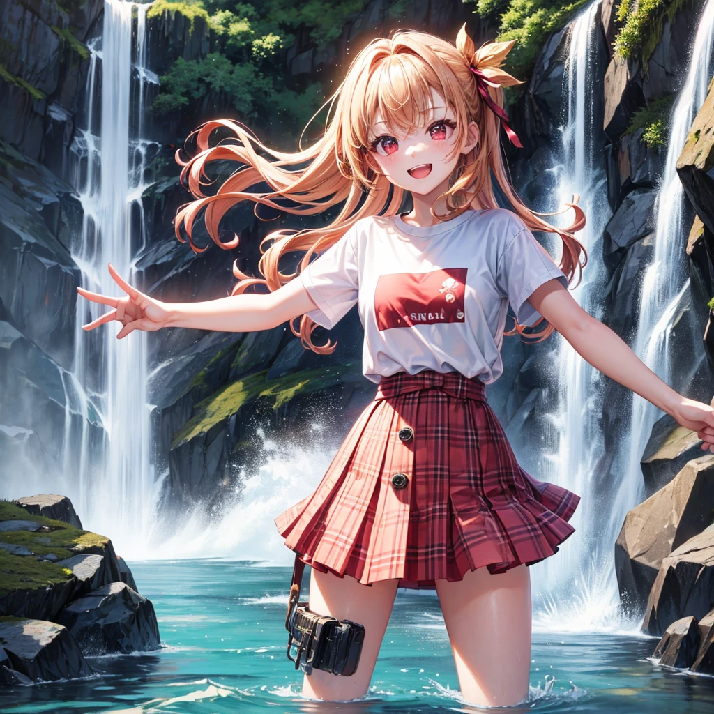 Pink gold golden hair、Red eyes、One good looking girl、solo、anime、Checkered mini skirt、The skirt has buttons、White T-shirt、Jin、Wearing a ribbon、Ribbon on waist、Tilting face、Teeth are visible、waterfall、waterfallの裏側、tunnel、Sunset sky、