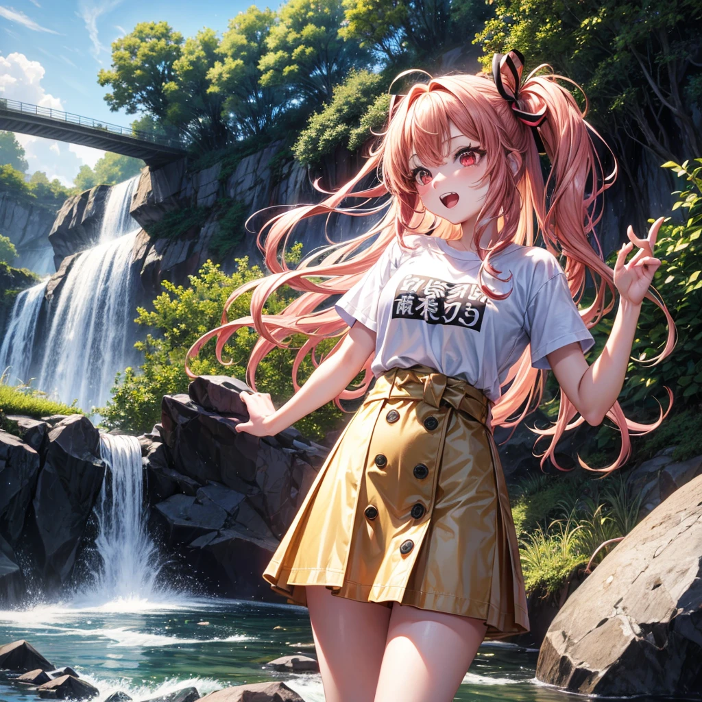 Pink gold golden hair、Red eyes、One good looking girl、solo、anime、Checkered mini skirt、The skirt has buttons、White T-shirt、Jin、Wearing a ribbon、Ribbon on waist、Tilting face、Teeth are visible、waterfall、waterfallの裏側、tunnel、Sunset sky、