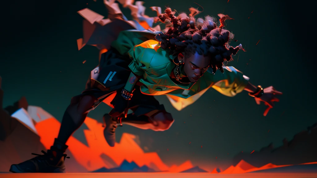 A black boy in urban hip hop clothes with small dreadlocks, black skin running after time through the city, ((melhor qualidade)), ((obra de arte))