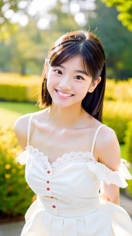 (masterpiece, highest quality, RAW Photos, Realistic:1.2), 16K、Realistic, detailed, Skin Texture, 超detailed, Delicate and sexy collarbone, smile, 非常にdetailedな顔, detailedな唇, Fine grain,Model Body Type、Nogizaka beauty、 20-year-old woman、Delicate eyebrows、Ball bokeh background、(Look at the photographer)、Forest Park、One girl, avert your eyes, smile, beautiful girl, cute, Delicate girl, Photo from below、Full body photo,Tight button-down mini dress,Off the shoulder、White panties