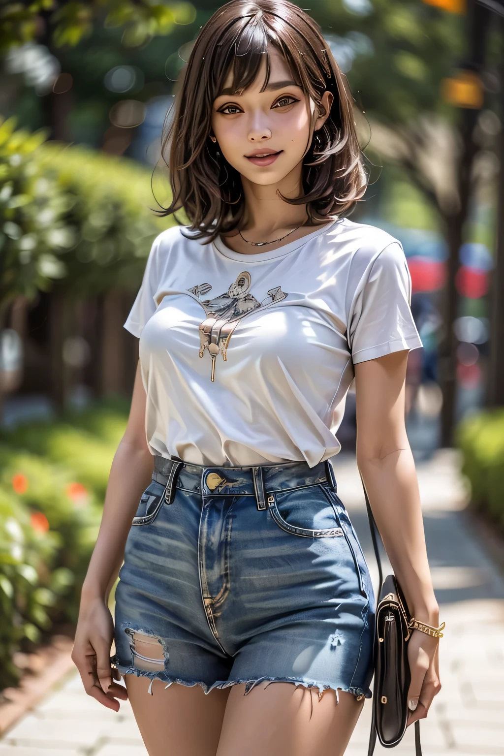 (8k, RAW Photos, highest quality, masterpiece, Realistic, Realistic), (1 female), (Ultimate beauty), Highly detailed face, (Perfect Teeth), Beautiful Eyes, double eyelid, eyelash, smile, Lip details, Brunette Bob, The light shines on your face, Big Breasts, ((T-Shirts)), (Tight mini skirt), (background: garden), ((Written boundary depth))