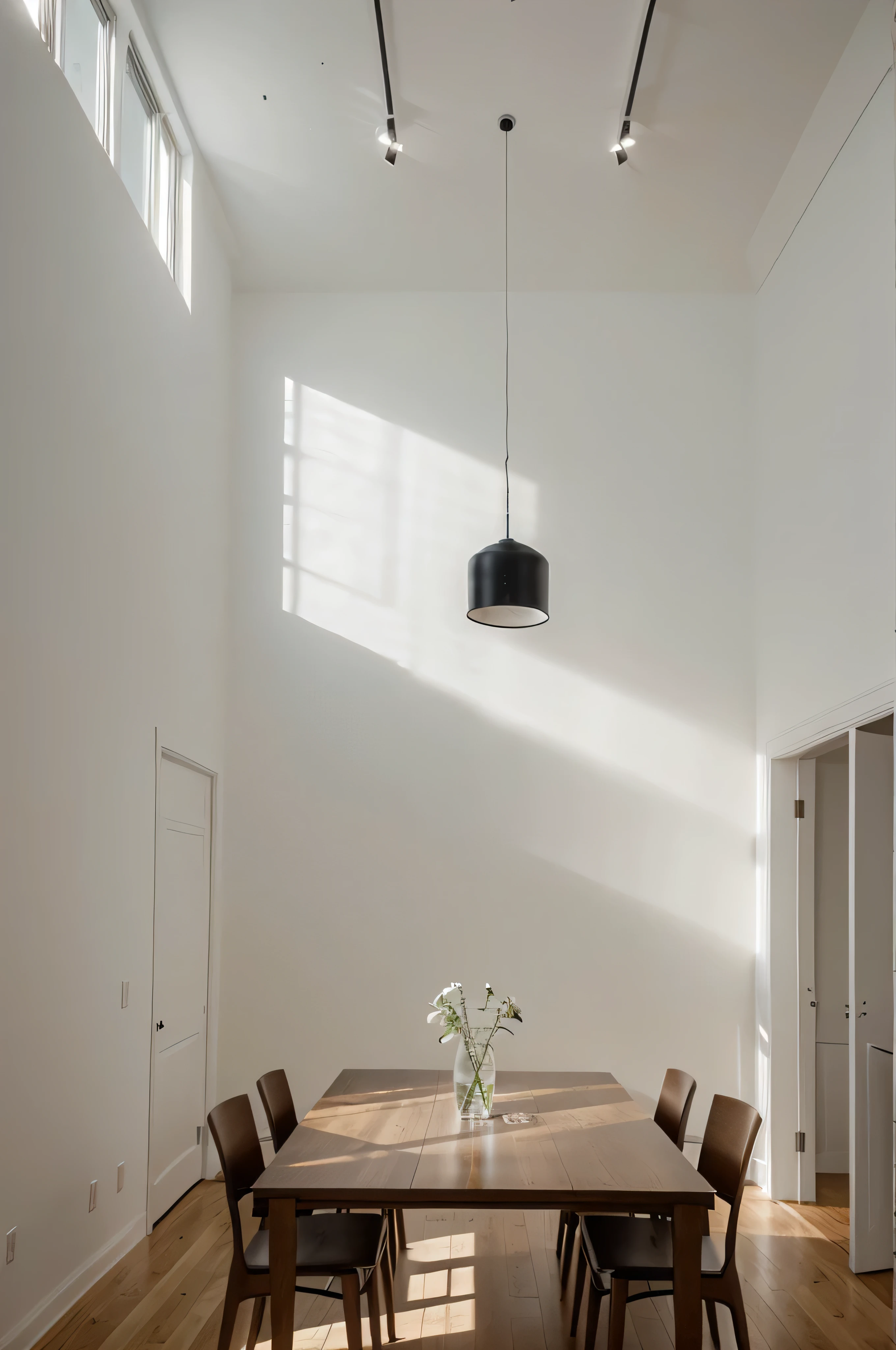 A large dinning room with a big canvas hanging on the wall iluminated by a white spotlight from the roof and dark walls. Minimalist furniture by the sides of image.