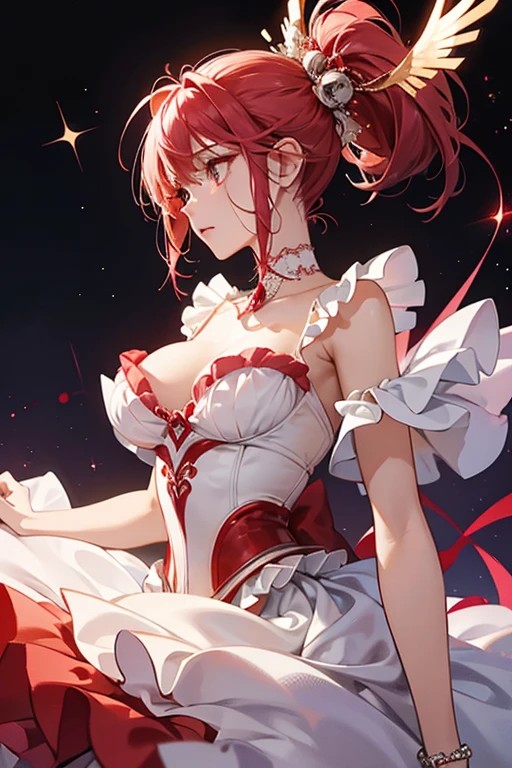 The white portions of her body are now red, while her skirt, sternum, and the metal plating along her sides are a deep crimson. Her frilled underskirt is periwinkle, and the gems across her body as well as the extra plating along her sides are now a light green. SPARKLE; GLITTER