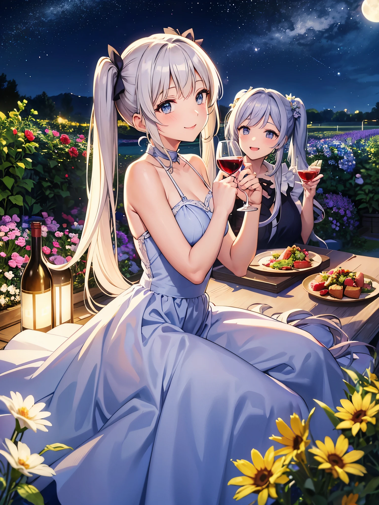 Brilliant Flower Garden Wine Party Light blue long hair Beautiful girl with twin tails Half Dress A lot of beautiful girls Drinking wine Delicious food All the lovely smiles Moonlit Night Big Moon shooting star milky way