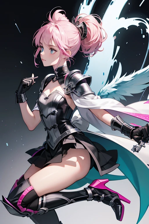 outfit consists of a one piece with a deep V neckline, a silver panel at the front lined with two slim, black panels, and pink panels at the sides. She has a metallic plate on her sternum and a metallic collar at her neck connected to her back with black connectors that have pink buttons as fasteners. These black portions connect to metallic pink and silver ribbons which lead to a black metal pack on her upper back which also connects to the back of her neck. On her lower back is a silver ball with a pink hinge at the top representing a rabbit's tail. She wears long gloves with silver metal bands around her upper arm, leading to metallic plates with a teal to dark blue gradient and visible metal joints at the elbow. The lower arm portion is black, leading to a metal cuff separating it from the hands of her gloves which have silver palms and pink backs. She wears thigh-high leg armor with the same metal band and teal and blue gradient plates as her gloves, as well as the same metal joints, with the addition of metal protrusions at her knee. This armor leads to pink and silver platform heels with small wings at each side of her ankle. At the back of her leg, her jets are visible under a raised black panel. She has a floating black "skirt" with pink accents that has round, silver portions at each end, and three silver and pink blades with black hilts at each side. SPARKLE; GLITTER