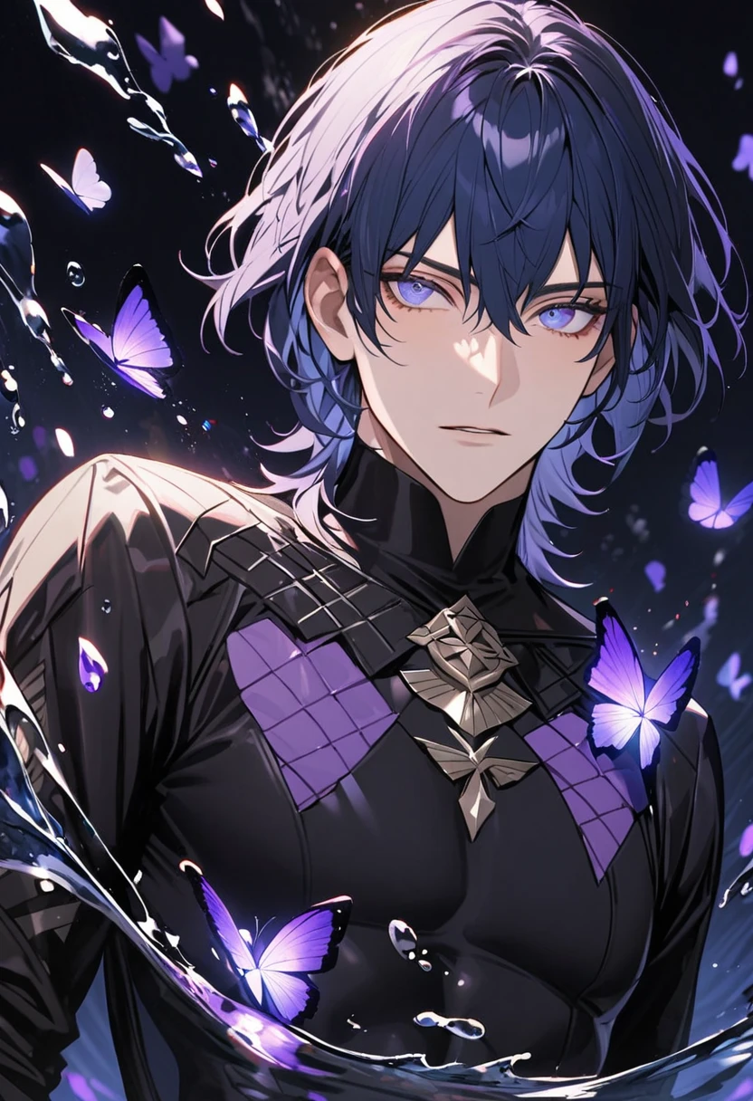 Ultra detailed, Highres, absurdres, Byleth, dark blue hair with bangs, short hair, expressive blue eyes, black clothes with patterns, Fire Emblem three houses, purple flowers, petals, extremely handsome, sexy man, solo, very detailed eyes and face, purple butterflies, black tight t-shirt, purple ice, glittering, water,