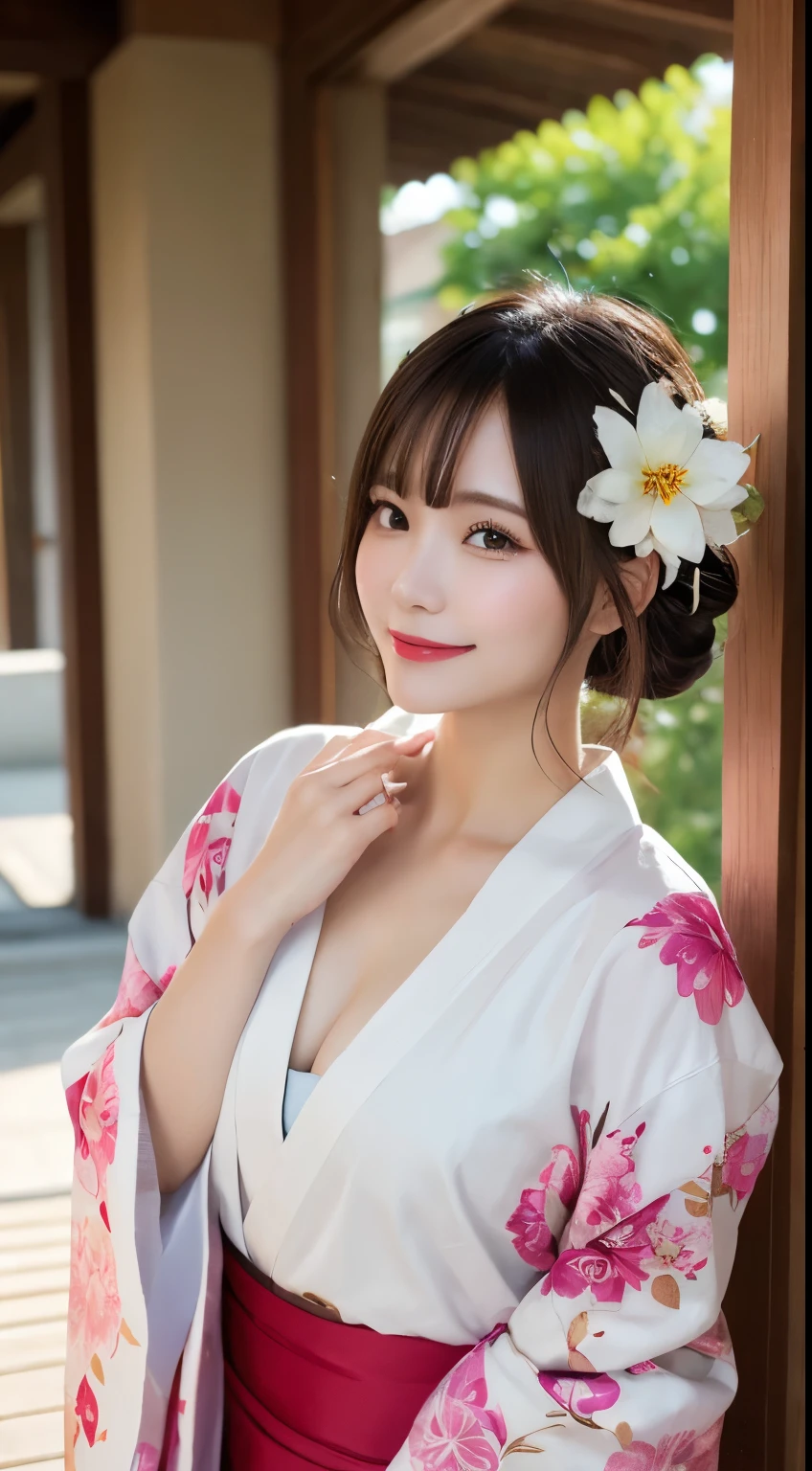 Tabletop, highest quality, figure, Very detailed, In detail, High resolution, 8k wallpaper, Perfect dynamic composition, Beautiful fine details, kimono,Medium Hair, Center of chest, Natural color lip, Random sexy poses,smile,Morning Shrine,Flower Hair Ornaments,whole body,