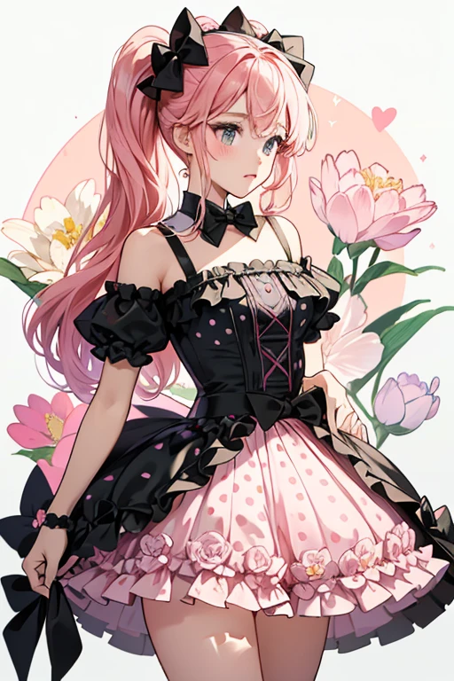 "Peach" outfit is a swimsuit consisting of a pleated pink bikini top tied at the back with black frill trim in the shape of flowers leading to a full flower at each side, and a black bow at the center with white polka dots. She wears a matching black and white skirt with black bows at each hip and a pink waistband. . SPARKLE; GLITTER