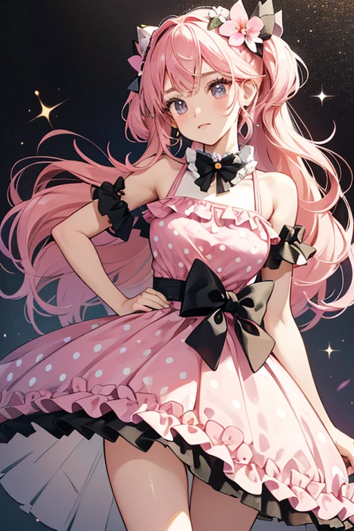 "Peach" outfit is a swimsuit consisting of a pleated pink bikini top tied at the back with black frill trim in the shape of flowers leading to a full flower at each side, and a black bow at the center with white polka dots. She wears a matching black and white skirt with black bows at each hip and a pink waistband. . SPARKLE; GLITTER