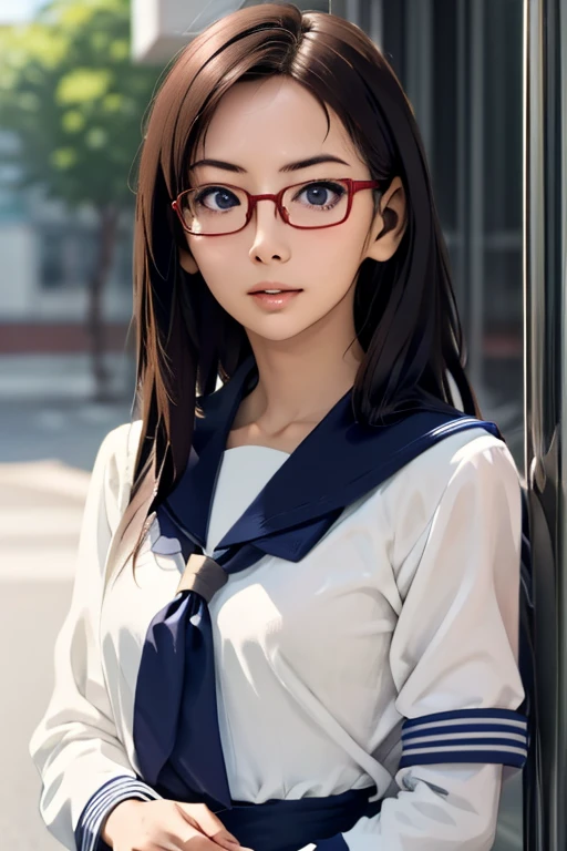 (masterpiece, highest quality), One Girl,  Satou, Satou, Glasses, 赤いフレームのGlasses, Sailor suit, Satou, Glasses, 赤いフレームのGlasses, 