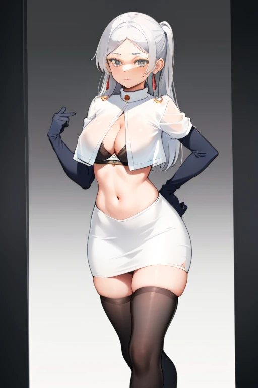 (masterpiece, best quality), Intricate details,
1 Girl, freeze, Long hair, Pointed ears, jewelry, earrings, Double tail, Parted bangs, Rockets,Rockets uniform,White skirt,crop top,Black knee socks,Black elbow gloves,(Sagging breasts、Cleavage, cleveage、Thick thighs, Perfect body, ))
