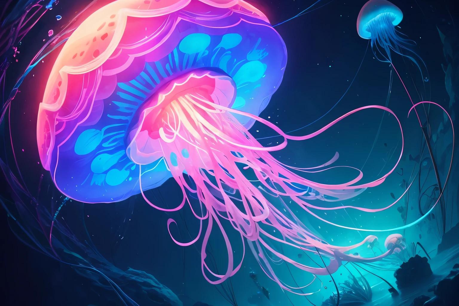 Top quality, beautiful giant jellyfish in blue and pink neon colors, fantastic and colorful