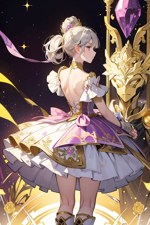 Her dress is now pale yellow-gold with a metallic gold trim, while her underskirt is green with pink and white floral patterns. Her arms, chest, and back are maroon-purple, with the same chess piece pattern as Kazuya's Preset 7 outfit over the arms, panels, and the gold of the dress. Her legs are gray with decorative white stripes, her boots are the same shade of gray but solid in color, and the gems across her body are now purple. SPARKLE; GLITTER