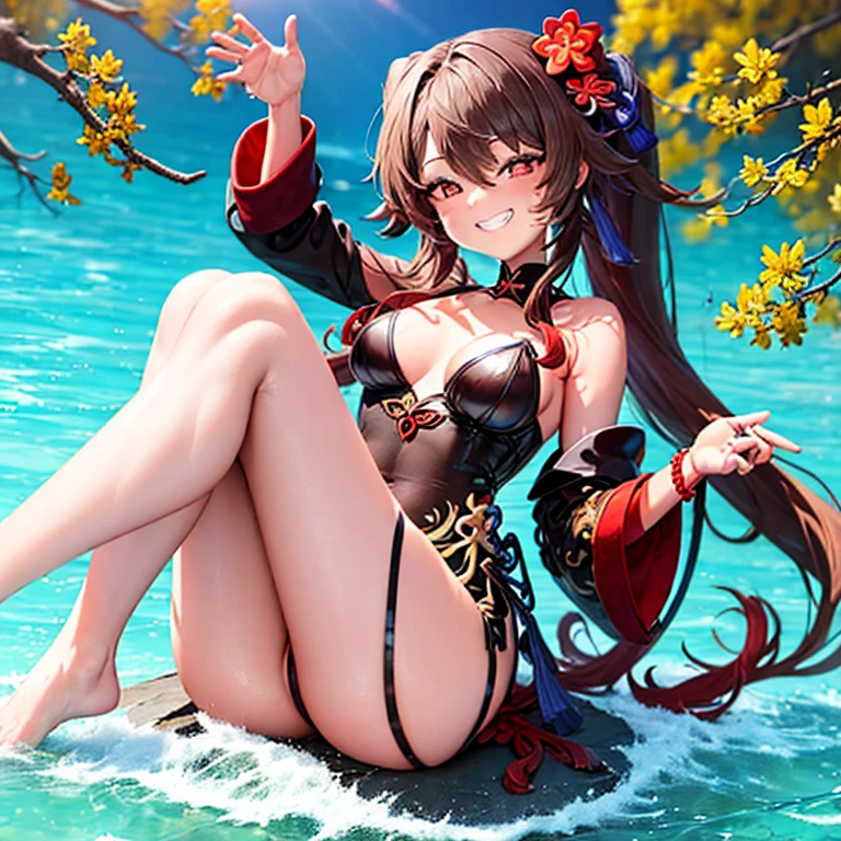 (highest quality), (masterpiece), ((beautiful:0.75) pretty girl:0.75), [Clear and clean] Pixiv (figure), (Hu Tao/(Genshin Impact/)), Red eyes, Flower-like pupils, Have, Long brown hair, bangs, Twin tails, Chinese clothing, Black shorts, Wide sleeves, Grin, Light blue dress, View, Smile at me, kind, sympathy, beautiful, He loves me wholeheartedly