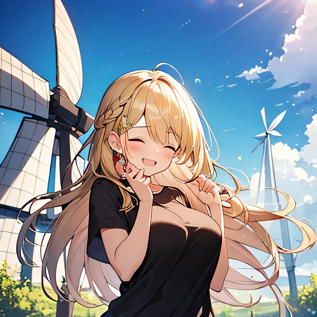 masterpiece、 highest quality,Very detailed, Absurd beauty、1 beautiful girl、 (Long Hair、Braided hair、blonde、Ample breasts), Hair blowing in the wind、Keep your head small、whole body、Casual clothing、Summer clothes、great outdoors、Fresh greenery、Close your eyes and laugh、A big smile、Shyness、windmill