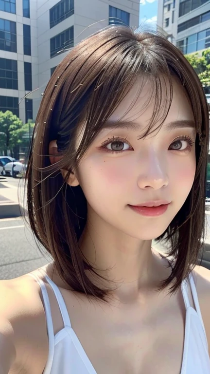 (((Close-up of face)))、(((Absolutely shoulder-length brown straight short bob)))、(((She is posing like a model in a hair salon with an office district in the background.)))、(((Wearing a business suit, which is popular among Japanese women)))、Half Japanese, half Korean、18 year old girl、Standing Alone、Looking forward、Light eye makeup、Brown Hair Color、Flat and 、Hair blowing in the wind、Actress Quality、Glossy, ultra-realistic face、Smiling face、Watery eyes、Gazing Up、Subtle lighting effects、 Ultra-Realistic Capture、Very detailed、High resolution 16K close up of human skin。Skin texture must be natural、The details must be such that pores can be clearly seen、The skin is healthy、Uniform tone、Use natural light and colors、A worn-out, high-quality photo taken by a model agency's in-house photographer.、smile、(((SIGMA 300 mm F/1.4,1/1000 sec shutter,ISO 400)))