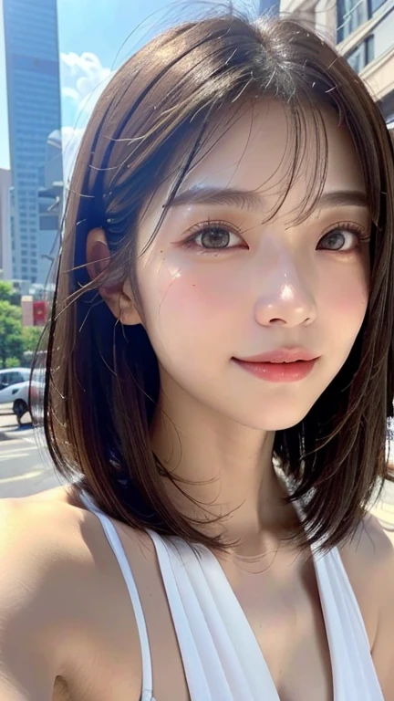 (((Close-up of face)))、(((Absolutely shoulder-length brown straight short bob)))、(((She is posing like a model in a hair salon with an office district in the background.)))、(((Wearing a business suit, which is popular among Japanese women)))、Half Japanese, half Korean、18 year old girl、Standing Alone、Looking forward、Light eye makeup、Brown Hair Color、Flat and 、Hair blowing in the wind、Actress Quality、Glossy, ultra-realistic face、Smiling face、Watery eyes、Gazing Up、Subtle lighting effects、 Ultra-Realistic Capture、Very detailed、High resolution 16K close up of human skin。Skin texture must be natural、The details must be such that pores can be clearly seen、The skin is healthy、Uniform tone、Use natural light and colors、A worn-out, high-quality photo taken by a model agency's in-house photographer.、smile、(((SIGMA 300 mm F/1.4,1/1000 sec shutter,ISO 400)))