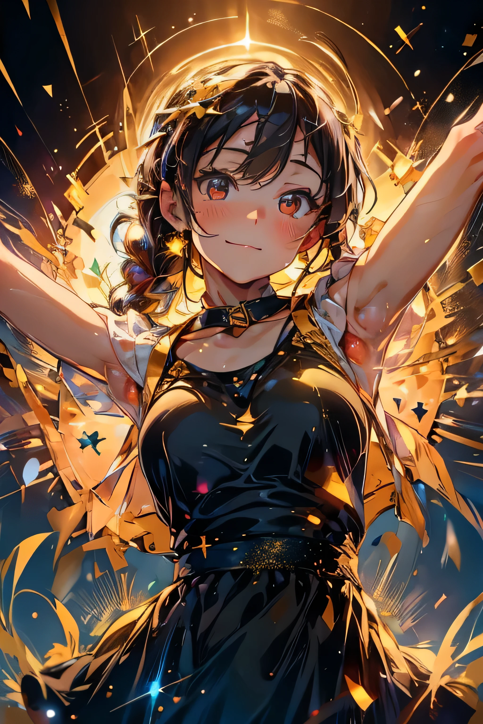 A wonderful masterpiece, Upper Body, (Adult: 1.6) Hungarian woman, (Giggling: 0.4), Place your arms behind your head, Golden braid, Sparkling eyes, victorian sundress, Floating light particles, Centered, Adding facial details