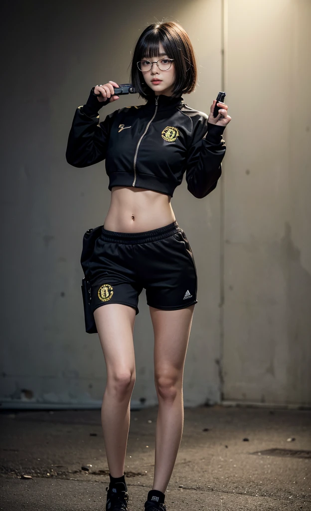 realistic, 1girl, black eye glasses, holding handgun, gun shooting pose, dark abandoned warehouse backgroud, black silky bob hair, hair bangs, tight and fitted yellow tracksuit, tracksuit halfway open, cleavage, big bust, tummies, bellybutton, black fitted shorts, tights, knees, handgun, fitted outfit