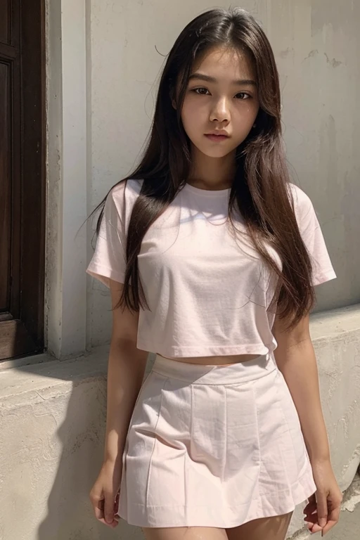 (best quality, masterpiece:1.2), ultra-detailed, perfect Thai girl, , long beautiful hair, soft pink tinted lips, wearing a white shirt and a short black skirt