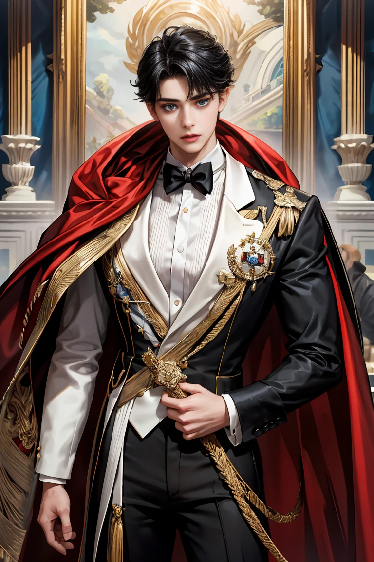 
masterpiece, 最high quality, high quality, 1 boy, alone, Male focus, Watching the audience,  Messy black hair, Adorable big blue eyes, White, Noble, Noble, Tuxedo、A very voluminous, large, very large, very large, long, long red and black cape with a high stand-up collar, made of a lot of fabric that reaches down to the floor., 17 years old,Cute beautiful boys,Cute, cute, kind, handsome guy