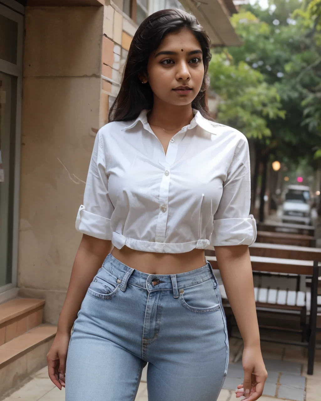 Tanvi in a classic white buttoned shirt with high-waisted jeans. Realistic, best quality image.