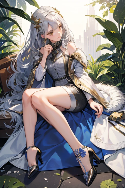 the Silver Metallic version of her Preset 4 "Wintry Dress". The coatdress, heels, shorts, and the leaves on her flower hair pin are now silver, while her flowers, buttons, fur cuffs and collar, shoulder cape, shoelaces, and soles are gold. SPARKLE; GLITTER