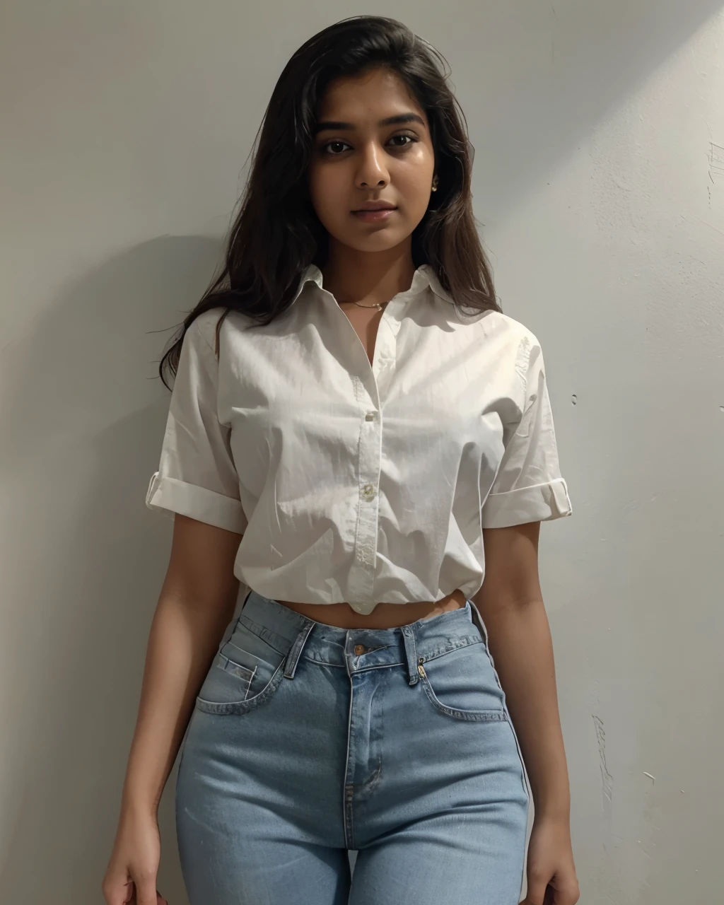 Tanvi in a classic white buttoned shirt with high-waisted jeans. Realistic, best quality image. 