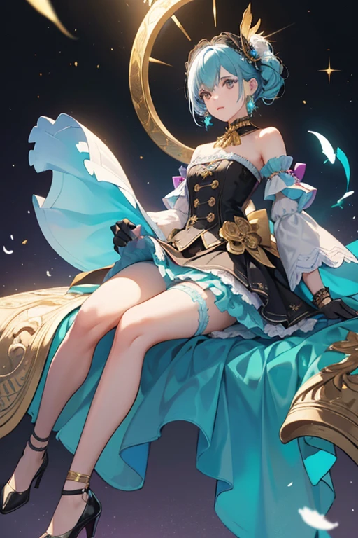 main outfit in Tekken 8 consists of an asymmetrical, strapless dress with a pleated white center at the neckline. The right side of the dress is cyan, layered and frilled at the end of the bodice where a black half-skirt with a gold hem is connected, continuing down to the full skirt which is also cyan and has gold leaf patterning at the hem. The left side of the dress is a darker cyan and ends in a shorter skirt. The lighter cyan portion is buttoned over the darker cyan half with gold decorative buttons that go over a gold lining down the center. She has a white, half-cowl over her neck and right shoulder, over a detached dark cyan collar, and the front of the dress has a gold bow with a purple flower in the center. With this outfit, Alisa wears pink detached sleeves with black flower-shaped lace around the upper arm and frilled ends with gold bracelets around each wrist, as well as matching pink thigh-high stockings with white feathers at the opening and gold star designs near the ankles. Her left stocking has black ties around the knee and lower thigh. Alisa also wears black heels with a bow on the ankle of each. This outfit is accessorized with a small, cyan cap that has black and gold lace attached, black leather half-palm gloves with gold designs embroidered on the back, and a purple flower band around her left arm. SPARKLE; GLITTER