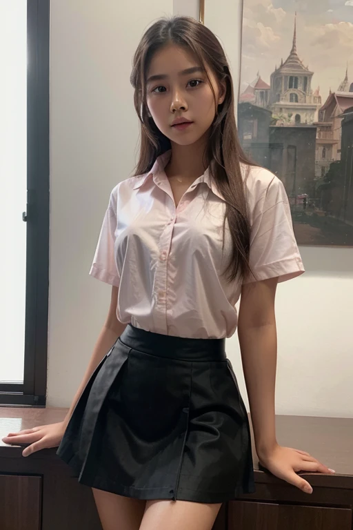 (best quality, masterpiece:1.2), ultra-detailed, perfect Thai girl, 16 years old, long beautiful hair, soft pink tinted lips, wearing a white shirt and a short black skirt