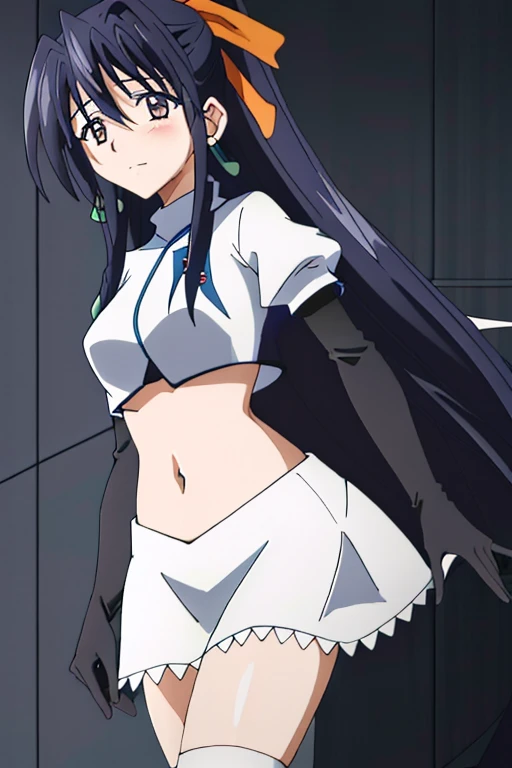 (masterpiece, best quality),  Intricate details,
1 Girl,     freeze, Long hair, Pointed ears, jewelry, earrings, Double tail, Parted bangs, Rockets,Rockets uniform,White skirt,crop top,Black knee socks,Black elbow gloves,