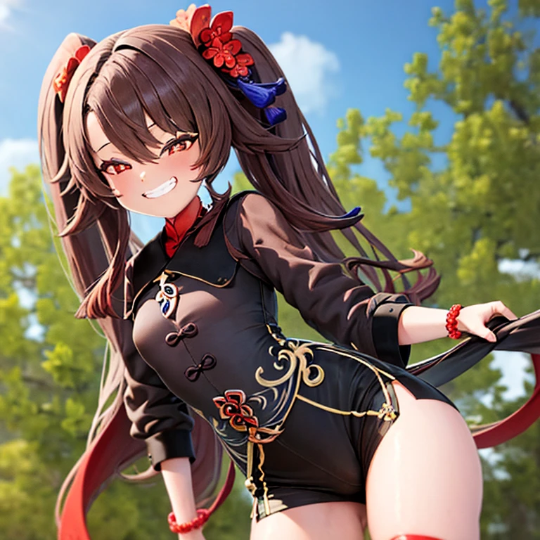 (highest quality), (masterpiece), ((beautiful:0.75) pretty girl:0.75), [Clear and clean] Pixiv (figure), (Hu Tao/(Genshin Impact/)), Red eyes, Flower-like pupils, Have, Long brown hair, bangs, Twin tails, Chinese clothing, Black shorts, Wide sleeves, Grin, Light blue dress, View, Smile at me, kind, sympathy, beautiful, He loves me wholeheartedly