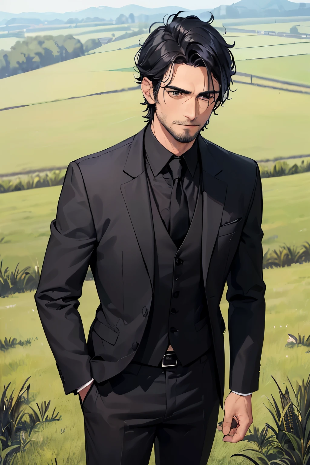 ((best quality)), ((masterpiece)), ((detailed)), (((perfect faces))), (((40yo attractive man in black suit, black shirt))), (((blank expression))), (((black hair))), (((stubble))), (((standing))), (((grass field)))