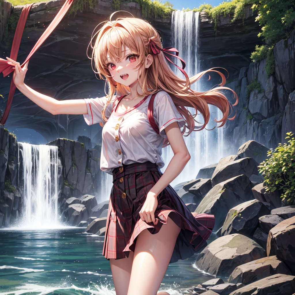 Pink gold golden hair、Red eyes、One good looking girl、solo、anime、Checkered mini skirt、The skirt has buttons、White T-shirt、Jin、Black camisole、Wearing a ribbon、Ribbon on waist、Tilting face、Teeth are visible、waterfall、waterfallの裏側、tunnel、Sunset sky、