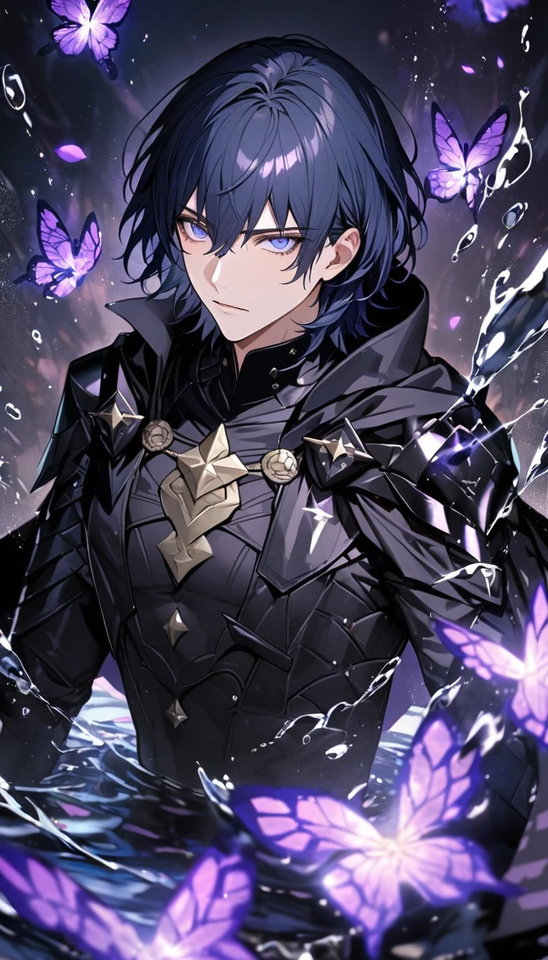 Ultra detailed, Highres, absurdres, Byleth, dark blue hair with bangs, short hair, expressive blue eyes, black clothes with patterns, Fire Emblem three houses, purple flowers, petals, extremely handsome, sexy man, solo, very detailed eyes and face, purple butterflies, black tight t-shirt, purple ice, glittering, water, black cape, black armor,
