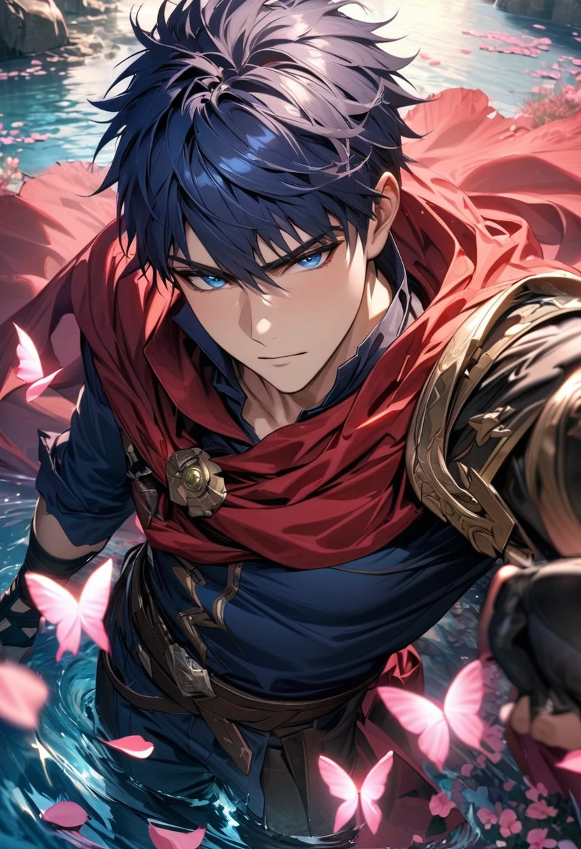 absurdres, highres, ultra detailed, HDR, master piece, best quality, Ike, dark blue hair, expressive blue eyes, Fire Emblem, solo, sexy man, handsome, red cape, dark blue clothes, black gloves, water, pink flowers, pink petals, pink butterflies 