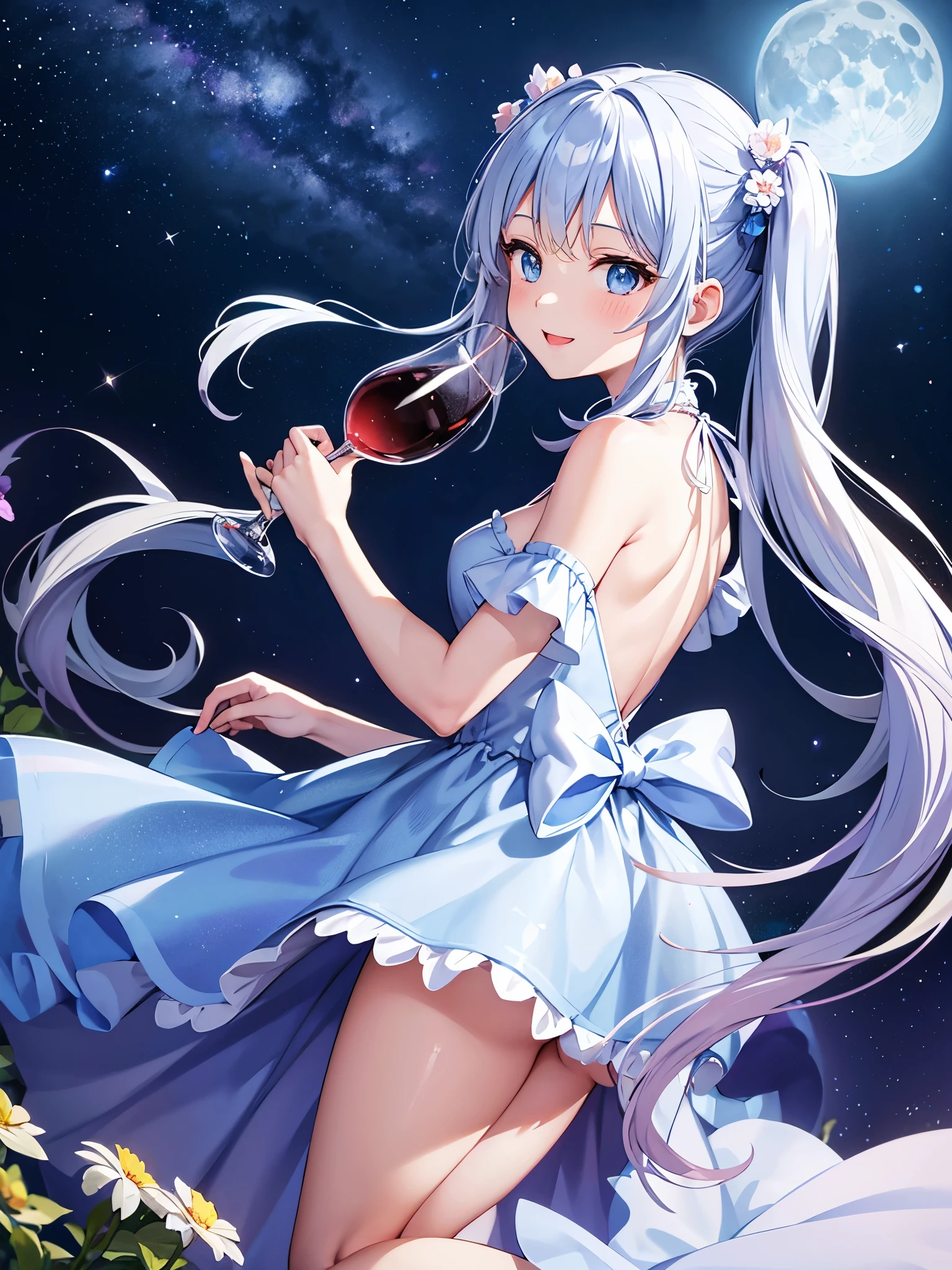 Brilliant Flower Garden Wine Party Light blue long hair Beautiful girl with twin tails Half Dress A lot of beautiful girls Drinking wine Delicious food All the lovely smiles Moonlit Night Big Moon shooting star milky way