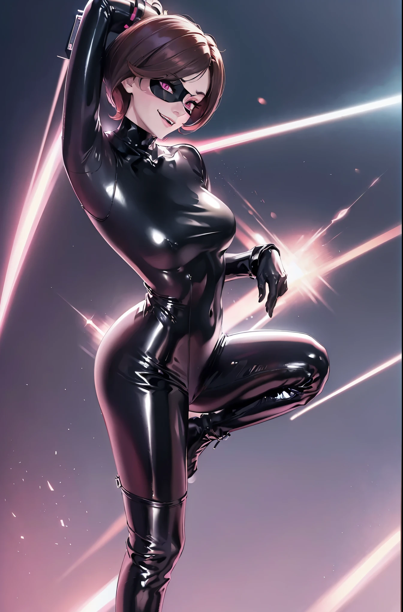 Helen parr. evil smile. dark costume. brown hair. Transparent Bodystocking. mind control. corruption. black eye mask. Heart Pasties. pink glow eye. Covered in mucus.