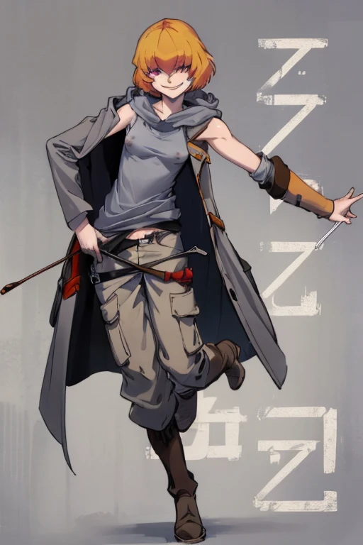 ((highest quality)), ((masterpiece)), (be familiar with),Clementine,Overload,{{nsfw}},Sleeveless hoodie,Grey Shirt,cargo pants,Bewitching Smile,whole body,boots,Long coat,Erect nipples