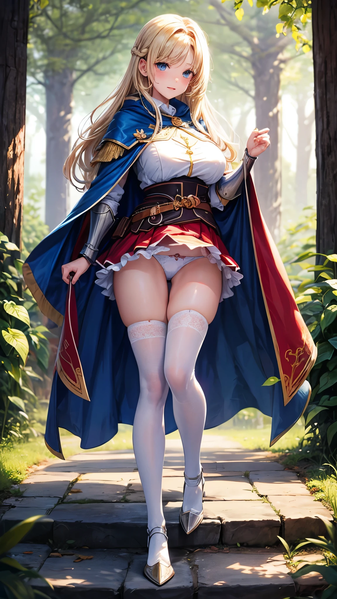 best quality,1girl,((((:1.3)))))),((big breasts:1.3)),curvy,orgasm,blush, sweat,blue eyes,blonde hair,((long hair:1.3)),straight hair,((waist-cape armor,blue cloak,white shirt,red skirt:1.3)),mini skirt,fantasy,((panty shot,lift skirt,upskirt,lace panties,white panties:1.1)),kneehighs,full body,forest