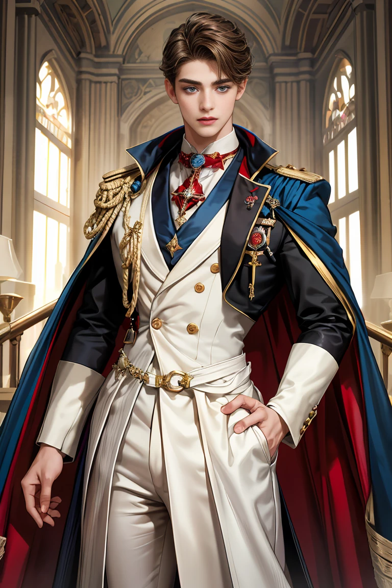 masterpiece, 最high quality, high quality, 1 boy, alone, Male focus, Watching the audience, Messy brown hair, Adorable big blue eyes, White, Noble, Noble, Beautiful tailcoat、A very voluminous, large, very large, very large, long, long red and black cape with a high stand-up collar, made of a lot of fabric that reaches down to the floor., ,Cute beautiful boys,Cute, cute, kind, handsome guy