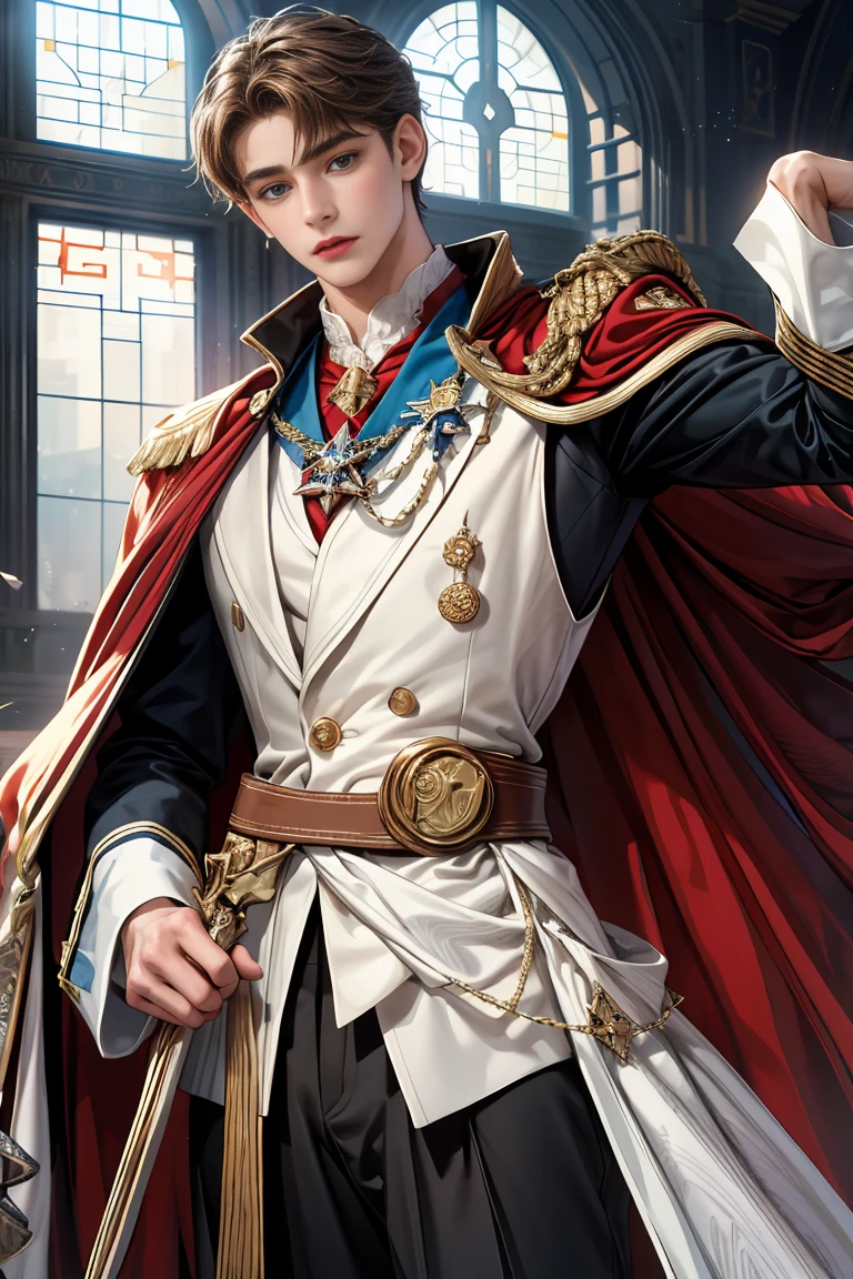 
masterpiece, 最high quality, high quality, 1 boy, alone, Male focus, Watching the audience,  Messy brown hair, Adorable big blue eyes, White, Noble, Noble, Beautiful tailcoat、A very voluminous, large, very large, very large, long, long red and black cape with a high stand-up collar, made of a lot of fabric that reaches down to the floor., ,Cute beautiful boys,Cute, cute, kind, handsome guy