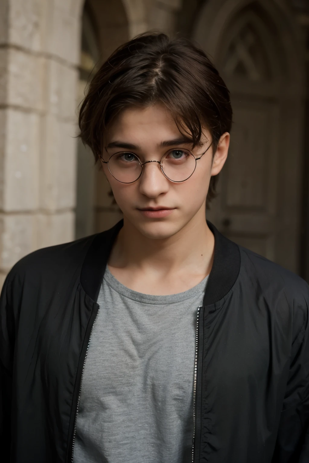 handsome 18 year old man with dark clothes harry potter green eyes 
