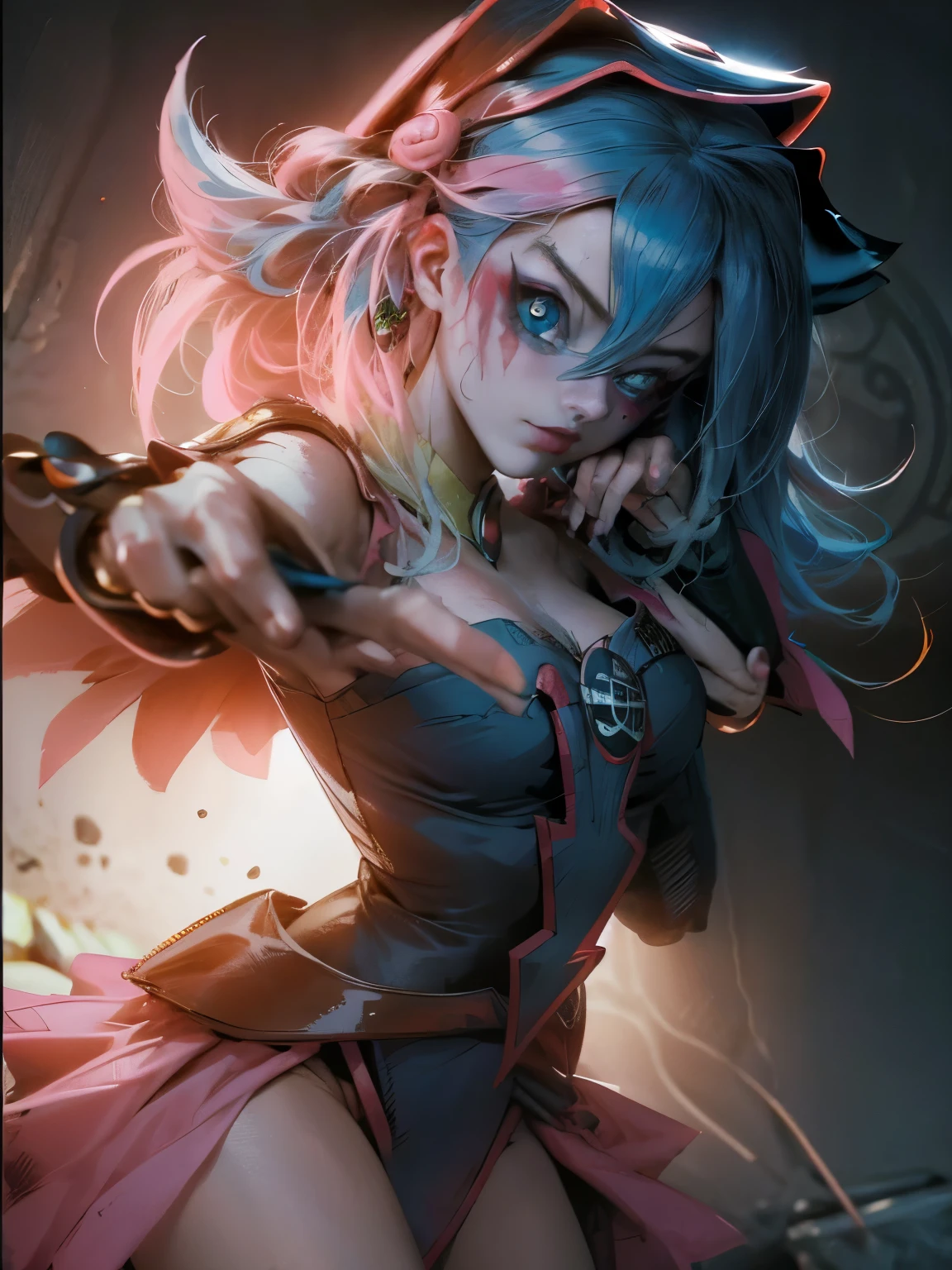 Maga oscura gils vestida de Harley Quinn. Tiene cabello rubio y negro. Ojos azules. Labios rojos. Gils, el mago oscuro, se viste como Harley Quinn. Pose sensual y inocente. Fondo de circo y magia.