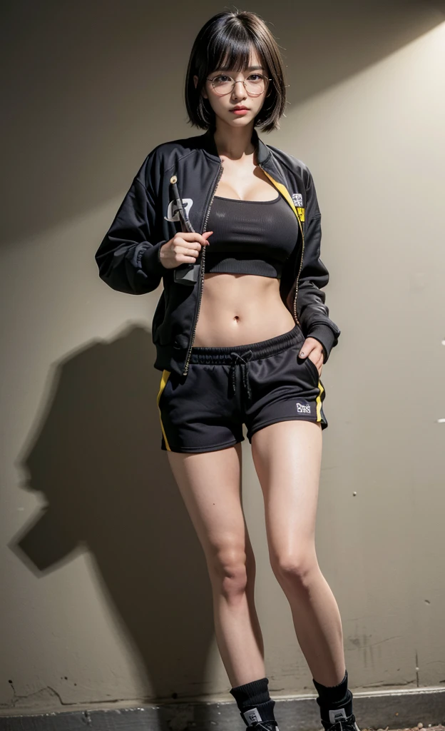 realistic, 1girl, black eye glasses, holding handgun, gun shooting pose, dark abandoned warehouse backgroud, black silky bob hair, hair bangs, tight and fitted yellow tracksuit, tracksuit halfway open, cleavage, big bust, tummies, bellybutton, camouflage fitted shorts, tights, knees, handgun, fitted outfit, perfect holding gun at hand